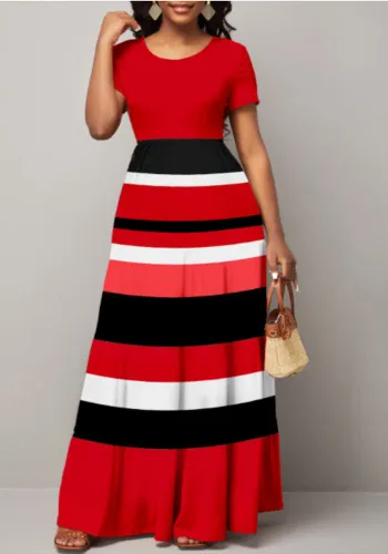 Women Summer Short Sleeve Round Neck Stripe Dress