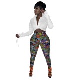 Ladies Long Sleeve Crop Top and Printed Pant Two Piece Set