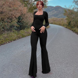 Women Square Neck Ribbed Long Sleeves Pleated Bell Bottom Jumpsuit