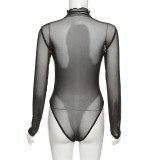 Women Sexy Long Sleeve Mesh See-Through Slim Bodysuit