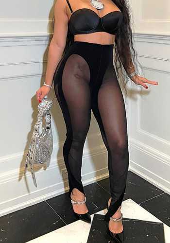 Pantalón ajustado de cintura alta transparente de malla sexy para mujer