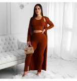 Women Sexy Solid Ribbed Three-Piece