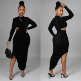 Women Solid Color Pleated Round Neck Cut Out Long Sleeve Maxi Dress