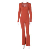 Women Square Neck Ribbed Long Sleeves Pleated Bell Bottom Jumpsuit