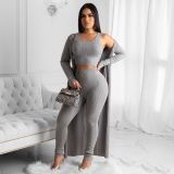 Women Sexy Solid Ribbed Three-Piece