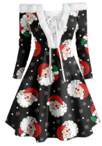 Christmas Women  Vintage Fleece Collar Patchwork Long Sleeve Lace Up Dress