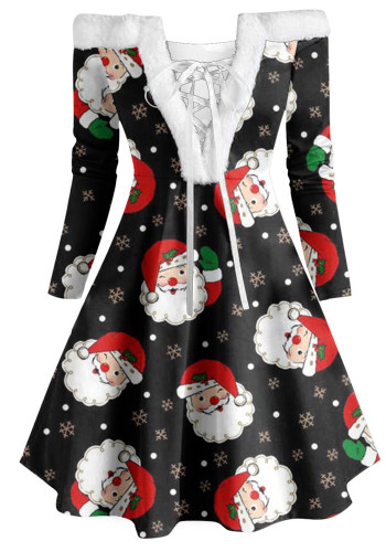 Noel Kadın Vintage Polar Yaka Patchwork Uzun Kollu Dantel Up Elbise