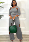 Ladies Sexy Hollow Long Sleeve Top and Wide Leg Pants Two Piece