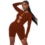 Women Spring Round Neck Ribbed Cutout Jumpsuit