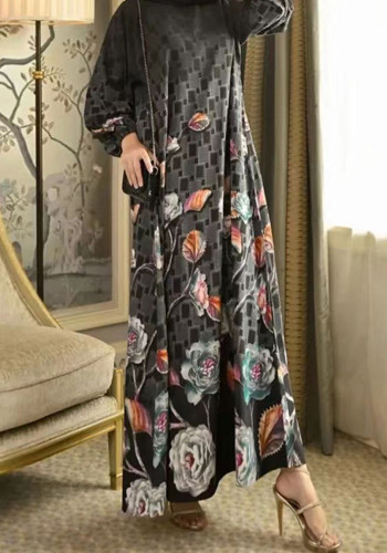 Muslim Ladies Flower High Neck Long Sleeve Loose Dress