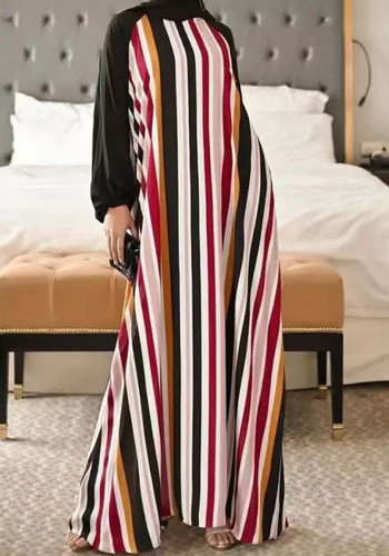 Muslim Ladies Striped Loose Swing Skirt Fashion Elegant Dress