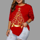 Fall Winter Christmas Tree Round Neck Patchwork Sequin Print Plus Size Top Christmas Women's Clothing