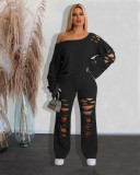 Women's Casual Solid Ripped Loose Two-Piece Pants Set