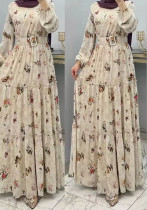 Dubai mujeres Floral cuello alto Maxi vestido moda carrera musulmán vestido