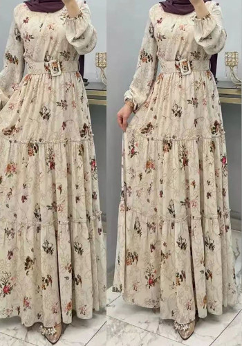 Dubai Women Floral Turtleneck Maxi Dress Fashion Career Muslim Dress