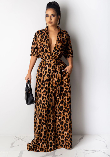 Vestido longo manga 5/4 estampado leopardo para roupas femininas