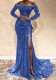 Trendy blue fashion Chic Career Chic mid-waist lace lady dress