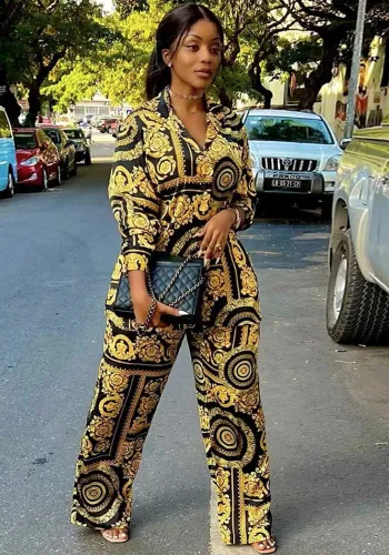 Casual Women's Long Sleeve Loose Shirt Wide Leg Pants Fashion Print Two-Piece Set