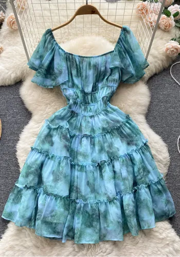 Summer light luxury palace French printing senior girl short Slim Waist dress