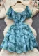 Summer light luxury palace French printing senior girl short Slim Waist dress