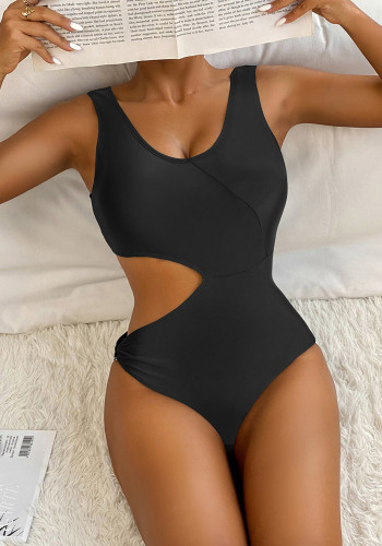 Traje de baño de bikini sexy de una pieza con hueco en la cintura de color sólido para mujer
