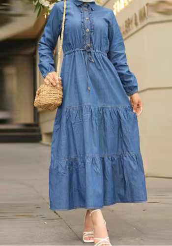 Women's Blue Patchwork Turndown Collar Fashion Loose Muslim Dress