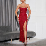 Autumn Winter Christmas Party Sexy Hollow Sequins Low Back High Slit Maxi Dress
