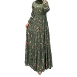 Dubai Women Floral Turtleneck Maxi Dress Fashion Career Muslim Dress