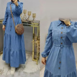 Dubai Ladies Blue Patchwork Maxi Dress Fashion Elegant Muslim Dress