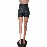 Women's Fashion Casual Button Belt Leather Shorts