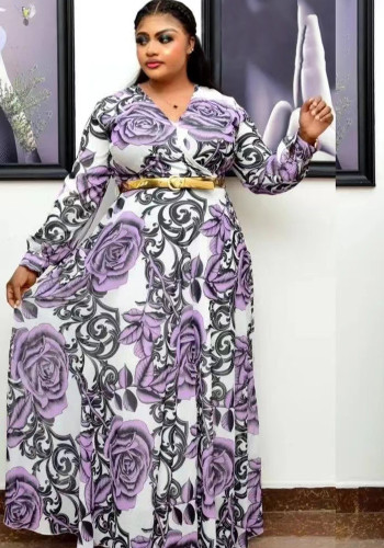 アフリカ プラス サイズの女性のドレス V ネック スイング ドレス ベルトレス