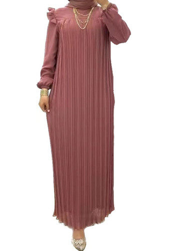 Kadın Düz Renk Balıkçı Yaka Kemerli Moda Gevşek Müslüman Elbise