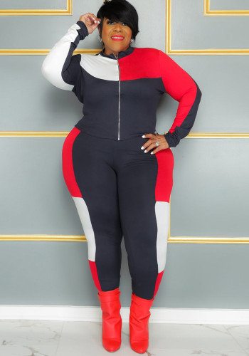 Женский костюм в полоску в стиле пэчворк больших размеров, спортивный с длинным рукавом, повседневный комплект из двух штанов