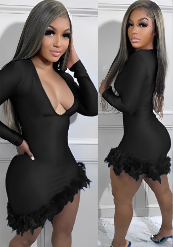 Vestido ajustado de encaje de piel con cuello en V estilo club nocturno de invierno para mujer