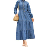 Women's Blue Patchwork Turndown Collar Fashion Loose Muslim Dress