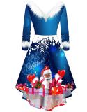 Ladies Christmas Faux Plush Long Sleeve V Neck Irregular Gown Dress
