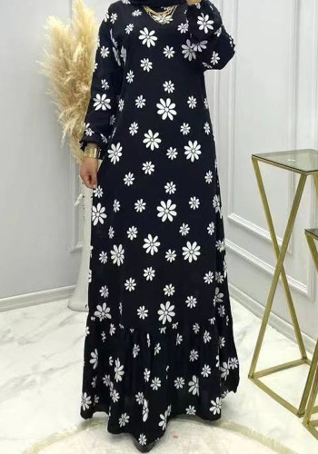 Moslim lange jurk dames zwarte bloem hoge hals mode losse jurk
