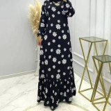 Muslim Long Dress Women's Black Flower High Neck Fashion Loose Dress