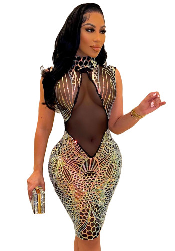 Vestido de lentejuelas para mujer Slim Nightclub Sexy Vestido ajustado transparente