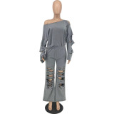 Women's Casual Solid Ripped Loose Two-Piece Pants Set