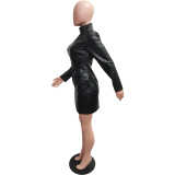 Women Solid Color Pu Leather Long Sleeve Pocket Zipper Dress