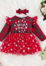 Christmas Baby Girl Plaid Letter Snowflake Mesh Dress with Bandana