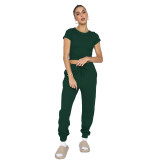 Women Waffle Round Neck Short Sleeve Top And Pant Two Piece Set