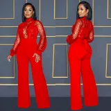 Women Cutout See-Through Long Sleeve Tie Jumpsuit（customized,MOQ 6pcs/size/color,process time 7-10 days）