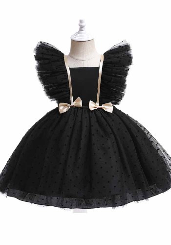 Vestido de festa de malha para meninas com mangas voadoras vestido de princesa infantil de cor sólida