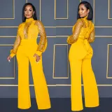 Women Cutout See-Through Long Sleeve Tie Jumpsuit（customized,MOQ 6pcs/size/color,process time 7-10 days）