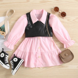 Baby Girl pink shirt dress + black pu Leather vest Two Piece
