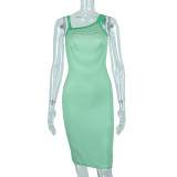 Spring Summer Chic Career Print Slash Shoulder Sleeveless Slim Fit Bodycon Dress