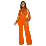 Women Cutout See-Through Long Sleeve Tie Jumpsuit（customized,MOQ 6pcs/size/color,process time 7-10 days）