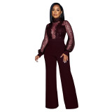 Women Cutout See-Through Long Sleeve Tie Jumpsuit（customized,MOQ 6pcs/size/color,process time 7-10 days）